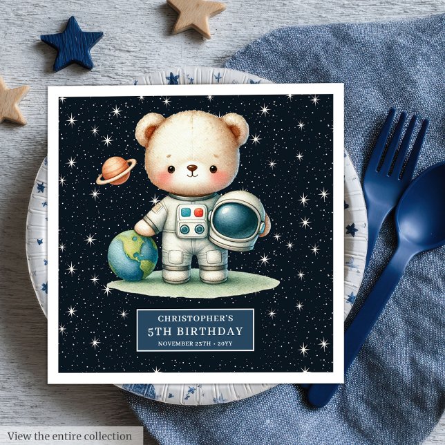 Fun Teddy Astronaut Napkins Boy Birthday Custom Serviette (Fun Teddy Astronaut Napkins Boy Birthday Custom Name)