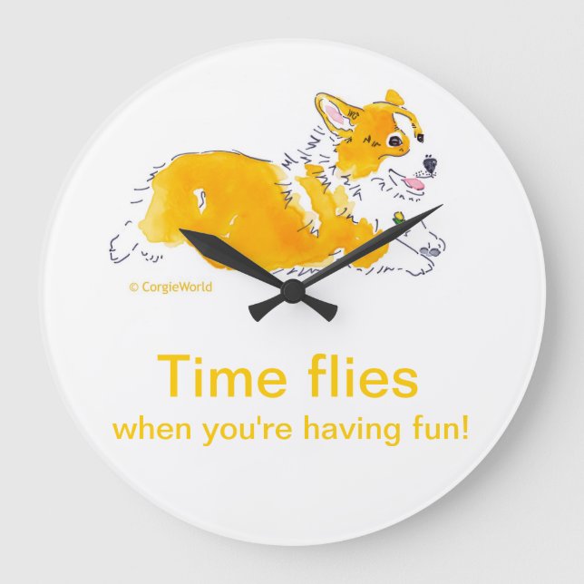 Fun Time Flies Corgi Clock Große Wanduhr (Vorderseite)