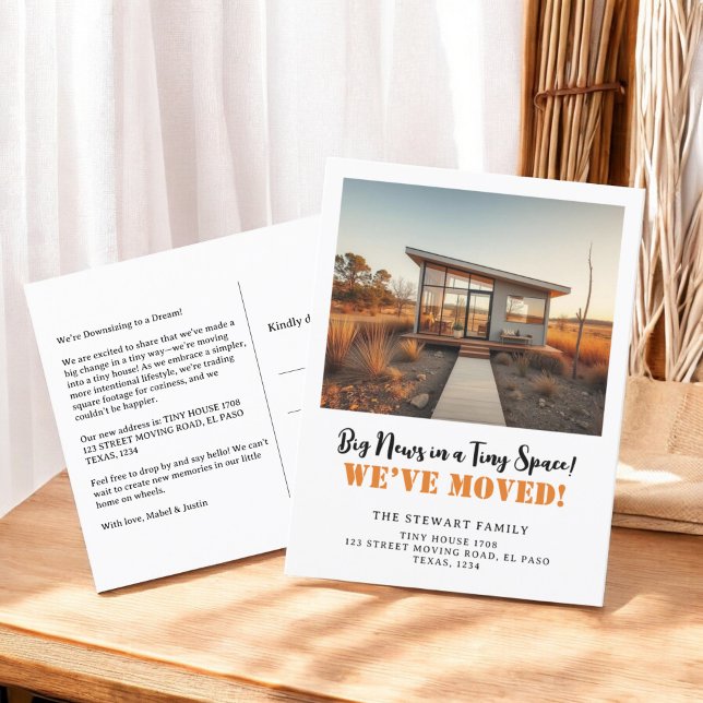 Fun Tiny House Foto neue Adresse Zuhause in Bewegu Ankündigungspostkarte (Fun Tiny House photo new address home moving Announcement Postcard)