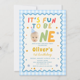 Fun To Be One Photo Blue Gingham 1st Birthday Einladung