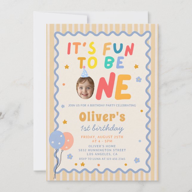 Fun To Be One Photo Colorful 1st Birthday Einladung (Vorderseite)