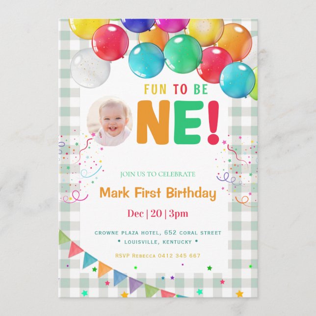 Fun to Be One Photo First Birthday part  Einladung (Vorderseite)
