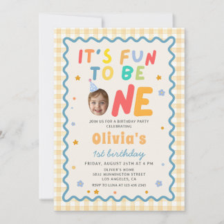 Fun To Be One Photo Gingham 1st Birthday Einladung