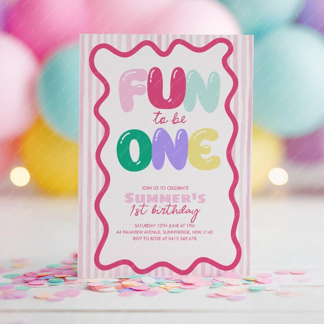 Fun to be One! Striped Colorful 1st Birthday  Einladung (Fun to be One! 1st Birthday invitation)