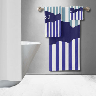 Fun Torn Stripes Blue Layered Initials Badhandtuch Set
