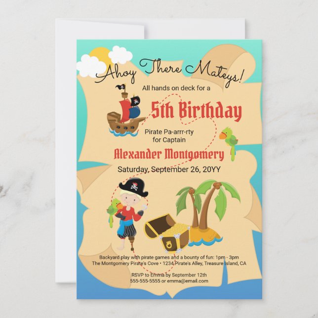 Fun Treasmap Custom Pirate Boy Birthday Party Einladung (Vorderseite)