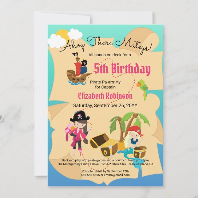 Fun Treasmap Pink Pirate Girl Birthday Party Einladung (Vorderseite)