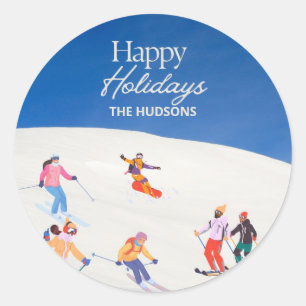Fun Trendy Happy Holidays Ski Resort Runder Aufkleber