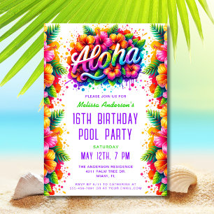 Fun Tropical Aloha Birthday Pool Party Grün Einladung