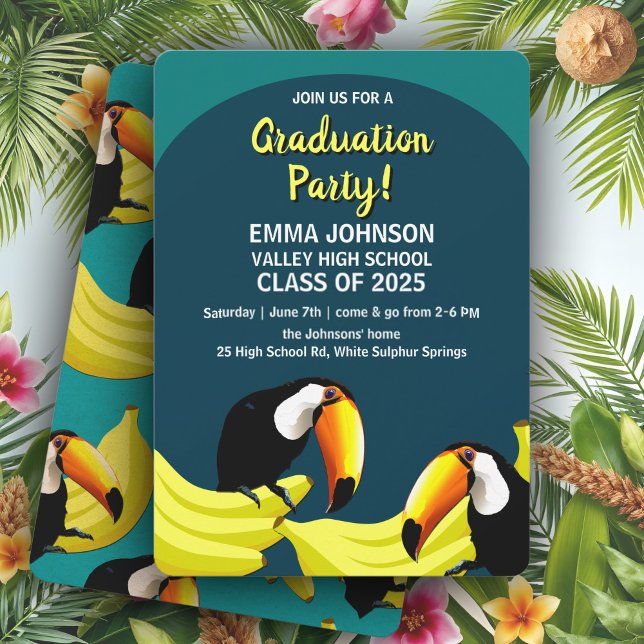 Fun Tropical Aquamarin Bananas Toucans Graduation  Einladung (Tropical teal graduation party invitations with exotic Toucan birds and bright yellow bananas)