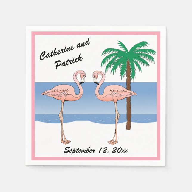 Fun Tropical Beach Pink Flamingo Palm Tree Hochzei Serviette (Vorderseite)
