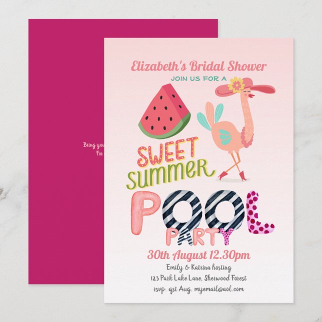 Fun Tropical Flamingo Pool Party Pink Blau Moderne Einladung (Vorne/Hinten)