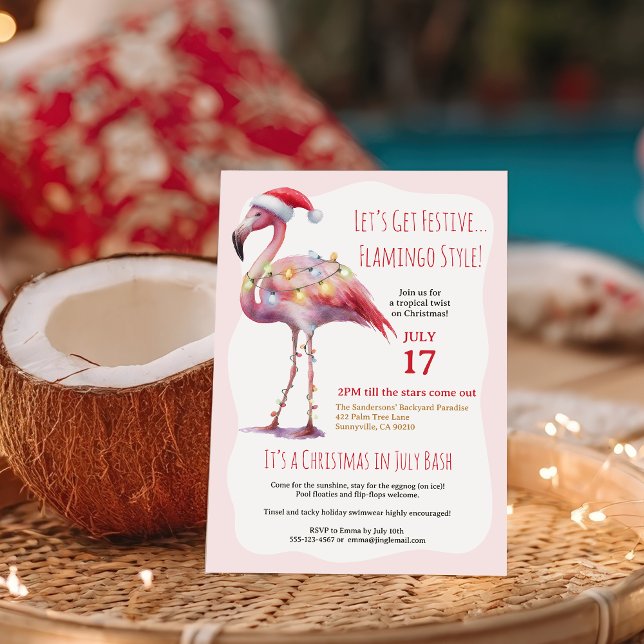 Fun Tropical Flamingo Weihnachten im Juli Party Einladung (Fun Tropical Flamingo Christmas in July Party Invitation)