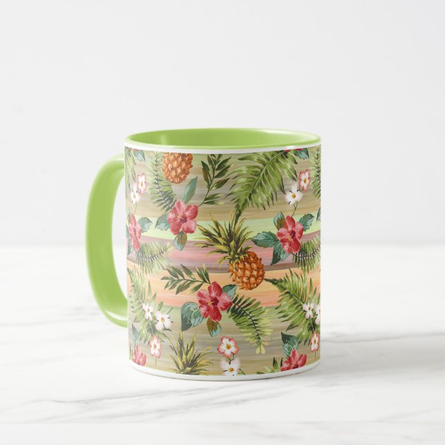 Fun Tropical Pineapse Fruit Floral Stripe Muster Tasse (Vorderseite Links)