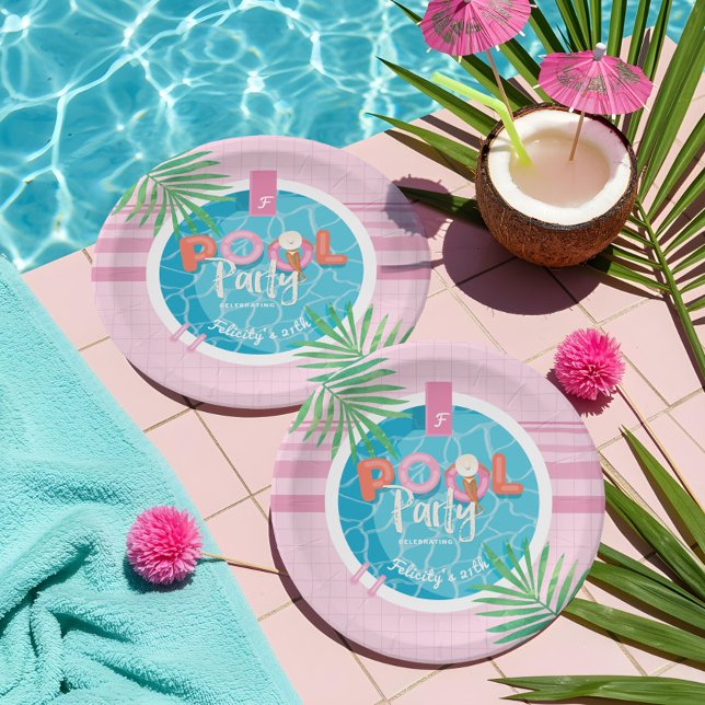 Fun Tropical Pink & Blue Sommerzeit Pool Party Pappteller (Fun Tropical Pink & Blue Summertime Pool Party Paper Plates)