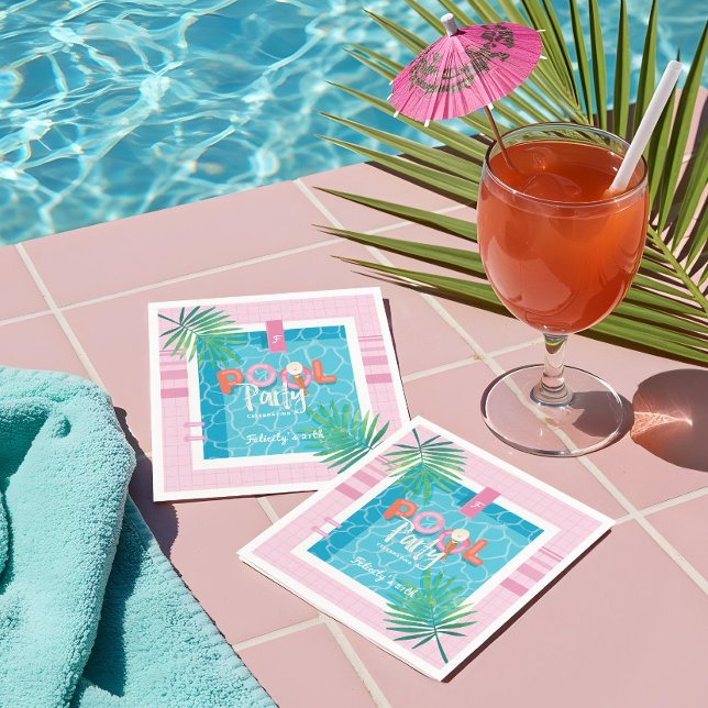 Fun Tropical Pink & Blue Tropical Pool Party Serviette (Fun Tropical Pink & Blue Tropical Pool Party Napkins)