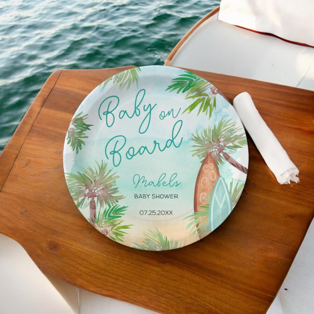 Fun Tropische Palmen Strand Baby an Bord Dusche Pappteller (Fun Tropical palm trees beach baby on board shower Paper Plates)