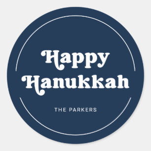 Fun Typografie   Modern Blue Happy Hanukkah Runder Aufkleber
