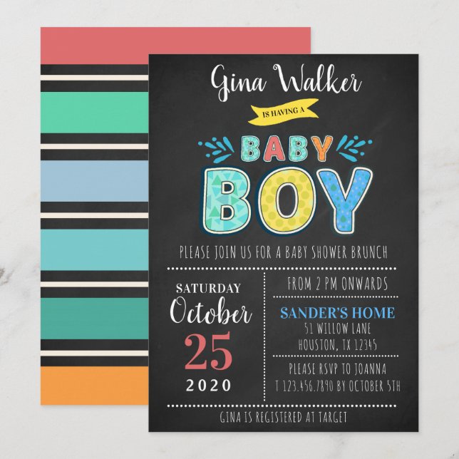 Fun Typografy Baby Boy Dusche Einladung (Vorne/Hinten)