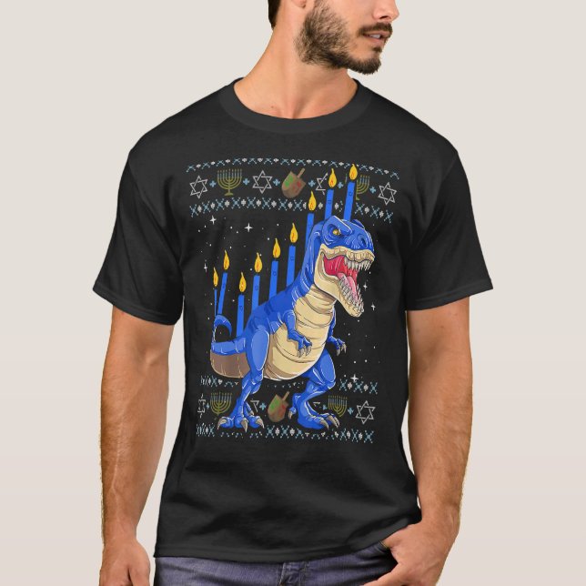 Fun Ugly Hanukkah Sweater Menorasaurus Rex Dinosau T-Shirt (Vorderseite)