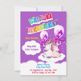 Fun Unicorn Balloon Einladung zum Geburtstag