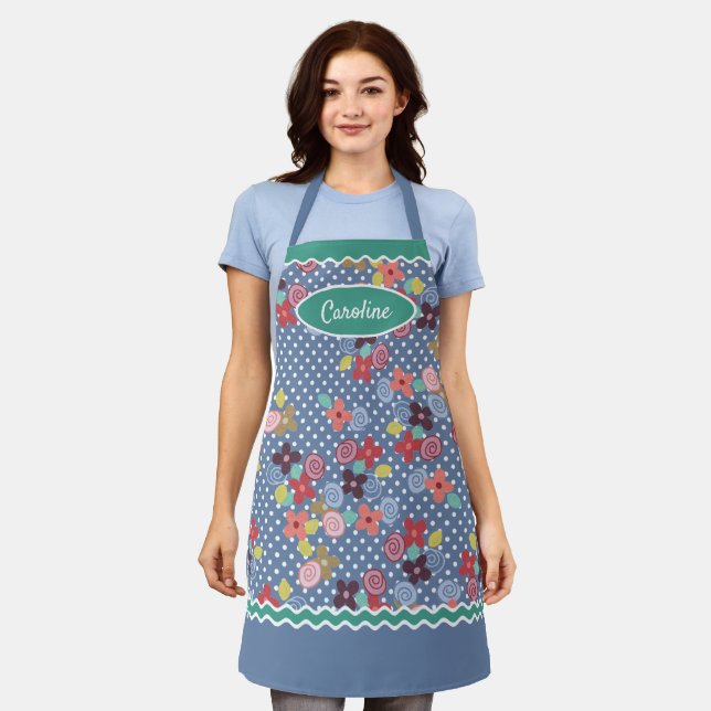 Fun Vintage Blume Punkte Muster auf blau Schürze (Getragen)