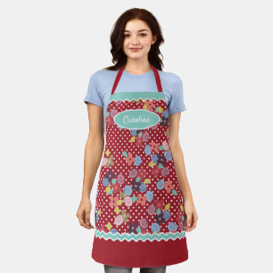 Fun Vintage Blume Punkte Muster auf dunkelrot Schürze