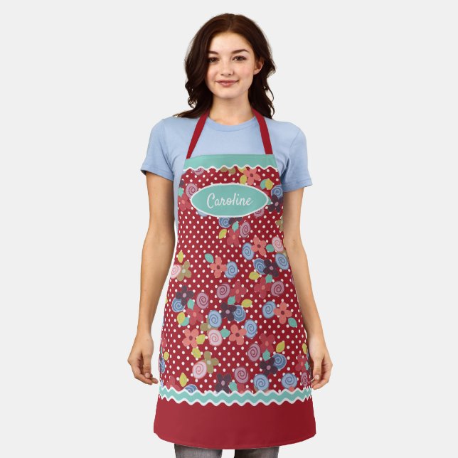 Fun Vintage Blume Punkte Muster auf dunkelrot Schürze (Getragen)