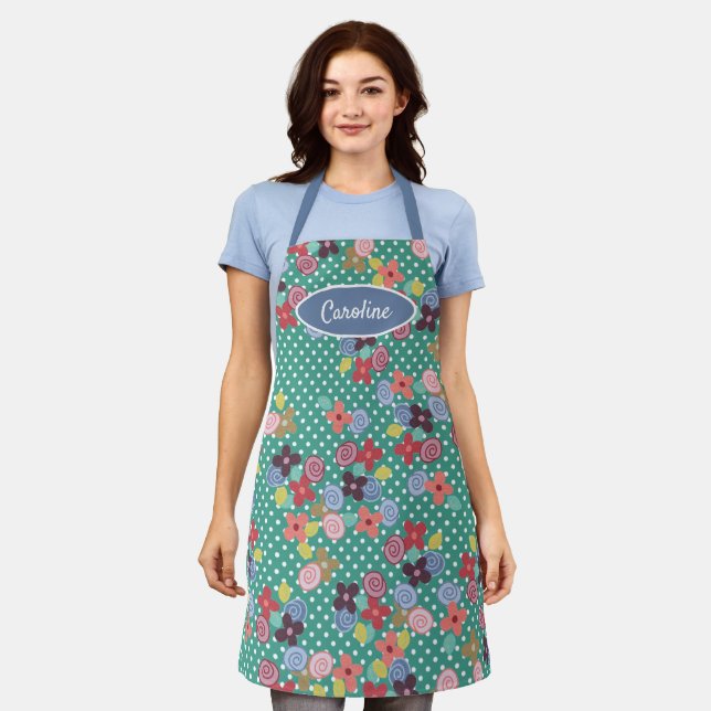 Fun Vintage Blume Punkte Muster auf Grün Schürze (Getragen)
