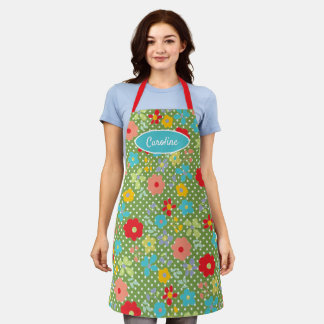 Fun Vintage Blume Punkte Muster auf Grün Schürze