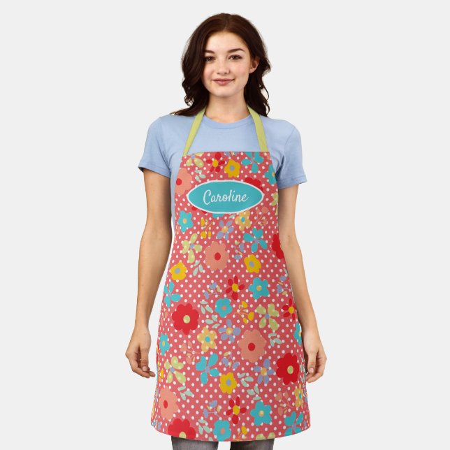 Fun Vintage Blume Punkte Muster auf Rot Schürze (Getragen)