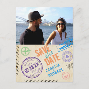 Fun Vintage Luftpost Typografie Foto Save the Date Einladungspostkarte