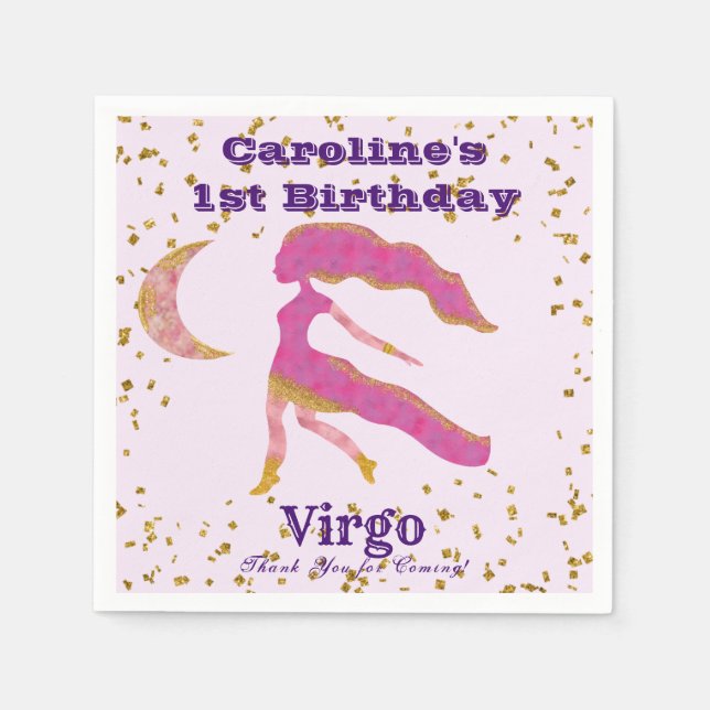 Fun Virgo First Birthday & Gold Confetti Serviette (Vorderseite)