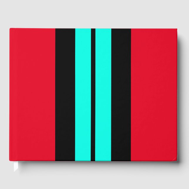 Fun Vivid Aqua Black Racing Streifen auf hellrot Gästebuch (Vorderseite)