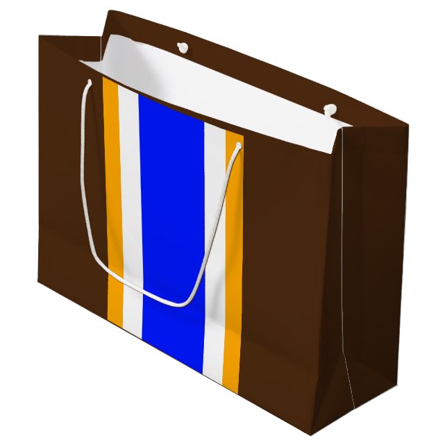 Fun Vivid Blue Brown White Yellow Racing Streifen Große Geschenktüte (Vorderseite Schrägansicht)