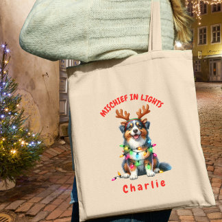 Fun Watercolor Australian Shepherd Holiday Lights Tragetasche