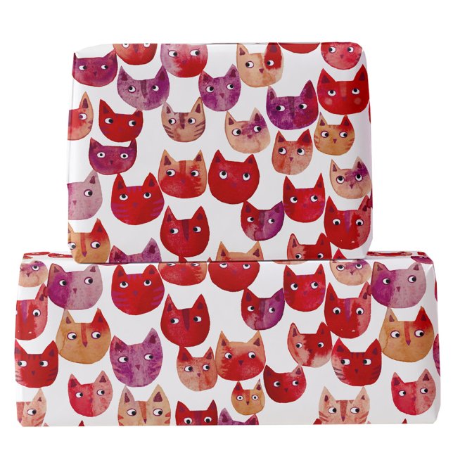 Fun Watercolor Cat Art Red Pink Purple Geschenkpapier (Fun watercolor kitty cat gift wrapping paper roll in red, pink, purple and orange)