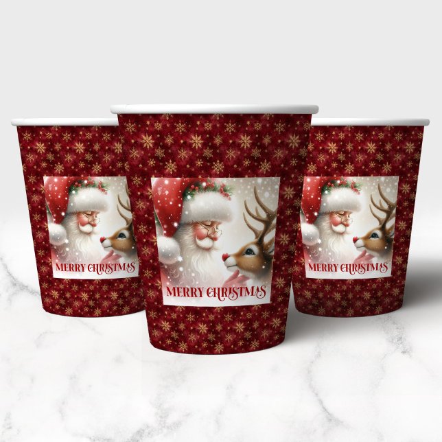 Fun Watercolor Christmas Cups Santa Claus Rudolph Pappbecher (Watercolor Christmas Cups Santa Claus Rudolph Design)