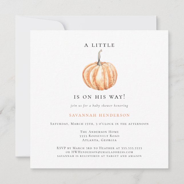 Fun Watercolor Pumpkin Orange Babydusche Einladung (Vorderseite)