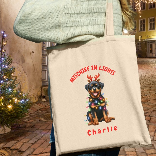 Fun Watercolor Rottweiler Weihnachtsleuchten Hund Tragetasche (Carry festive cheer with this custom fun Rottweiler dog tote bag. A perfect gift for dog lovers.)