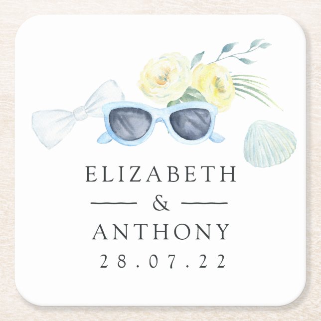 Fun Watercolor Sommerstrand Hochzeit Rechteckiger Pappuntersetzer (Vorderseite)