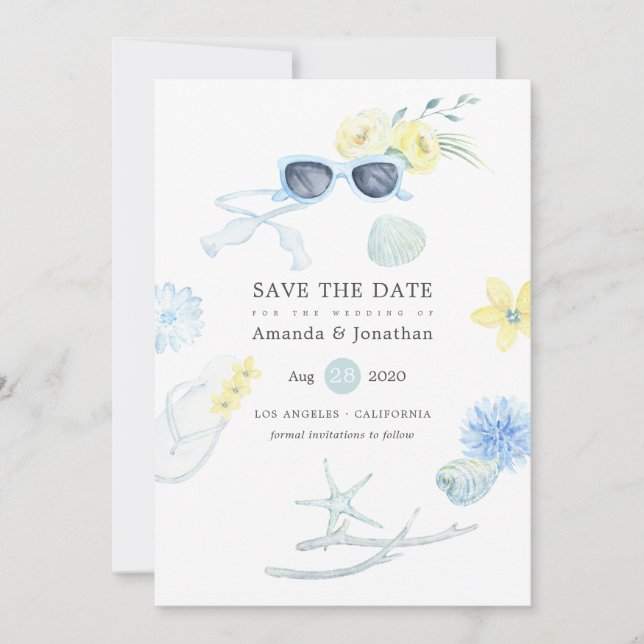 Fun Watercolor Sommerstrand Hochzeit Save The Date (Vorderseite)