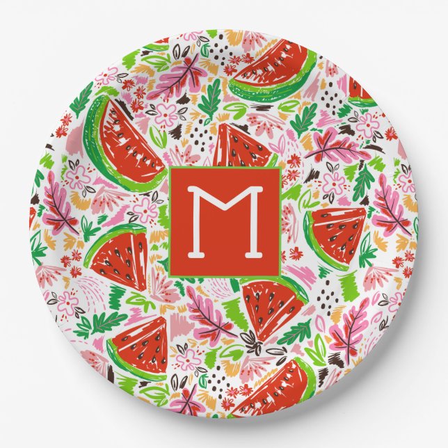 Fun Watermelon und Blumenmuster Monogramm Pappteller (Vorderseite)