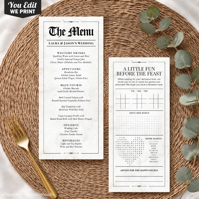 Fun Wedding Menu mit Wedding Games Newspapier Menükarte (Custom Wedding Menu with Wedding Games Newspaper, Black and White Menu for Wedding)
