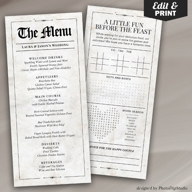 Fun Wedding Menu mit Wedding Games Newspapier Menükarte (Fun Wedding Menu with Wedding Games Newspaper, Black and White Menu for Wedding)