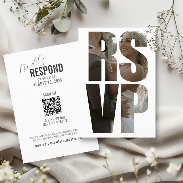 Fun Wedding RSVP Foto Worte Moderner QR Code Begleitkarte (Custom RSVP photo words kindly respond on wedding website scan QR code informal enclosure card )