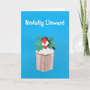 Fun Welsh Christmas Card, Cupcake mit Robin Feiertagskarte