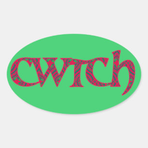 Fun Welsh Cwtch Stickers: Rot, grünes Muster Ovaler Aufkleber