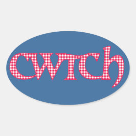 Fun Welsh Cwtch Stickers: Roter Karo Gingham Ovaler Aufkleber
