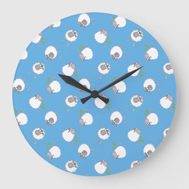 Fun Welsh Sheep Muster auf Sky Blue Background Große Wanduhr (Vorderseite)